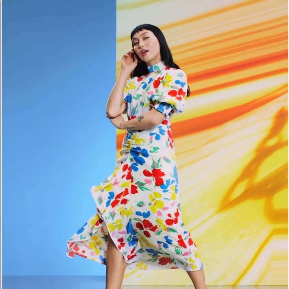 Limited Edition: RIXO for Target Floral Mock Neck Cascade Ruffle Dress